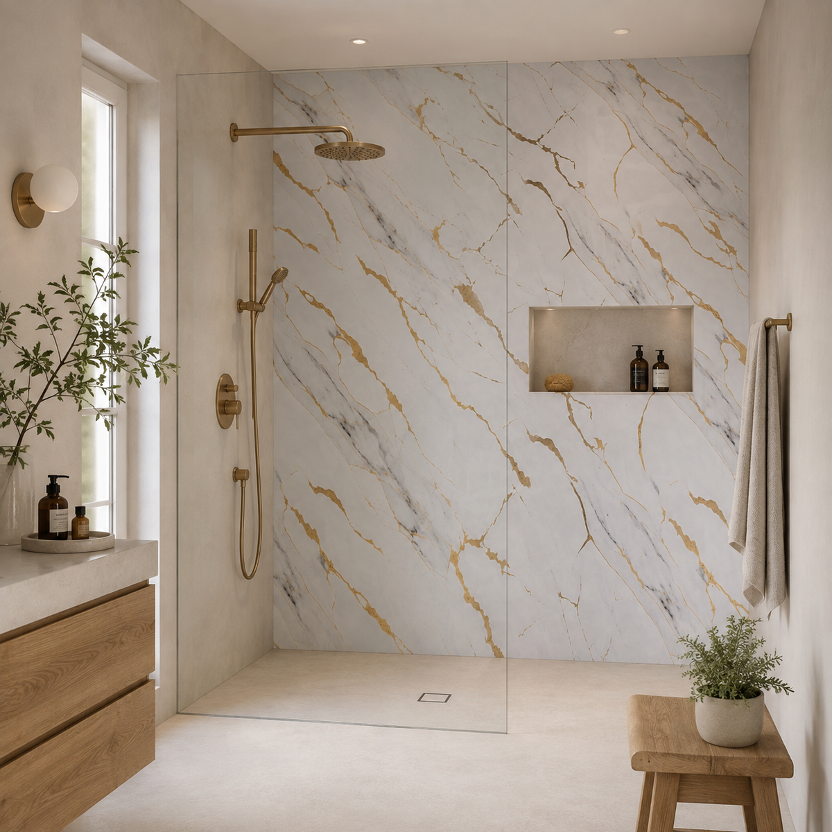 Placa PVC Simil Mármol Blanco y Dorado 2mm para Pared